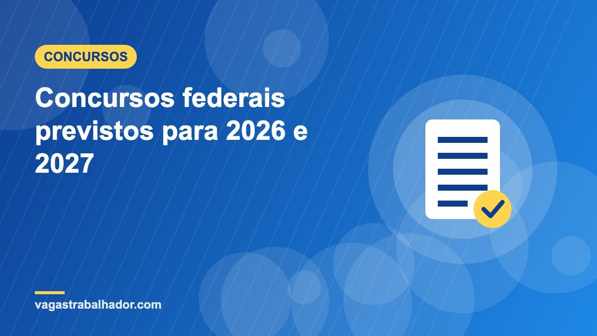Ilustração de documento de edital representando concursos federais previstos para 2026 e 2027