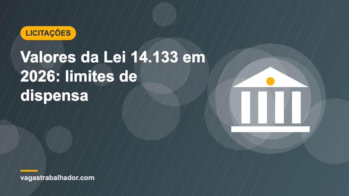 Ilustração de prédio público representando os valores da Lei 14.133 em 2026